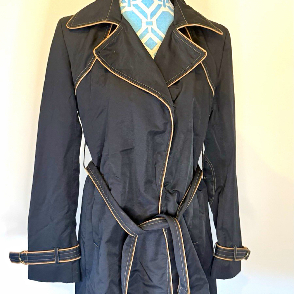 Wilson Leather Women's Black Belted Contrast Trim Lined Trench Coat Size M